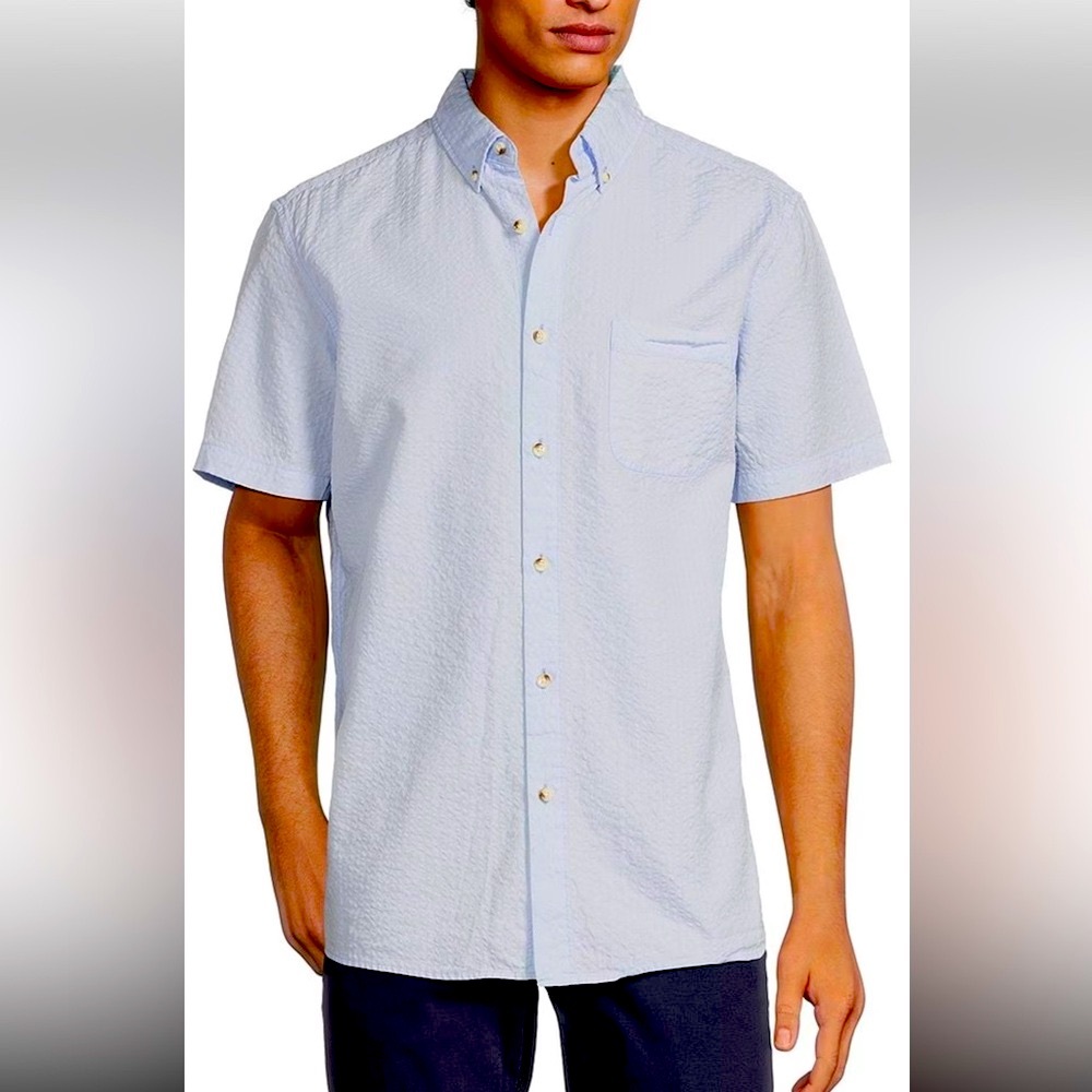 ROWN Short Sleeve Button Down Shirt. Men’s Sz-L Seersucker | Light Blue | Preppy